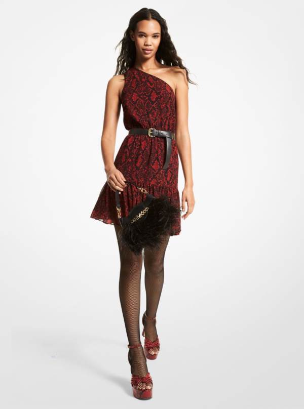 Damske Saty Michael Kors Snake Print Georgette One-Shoulder Červené - Oblecenie Michael Kors Lacne | DQTYN-7241